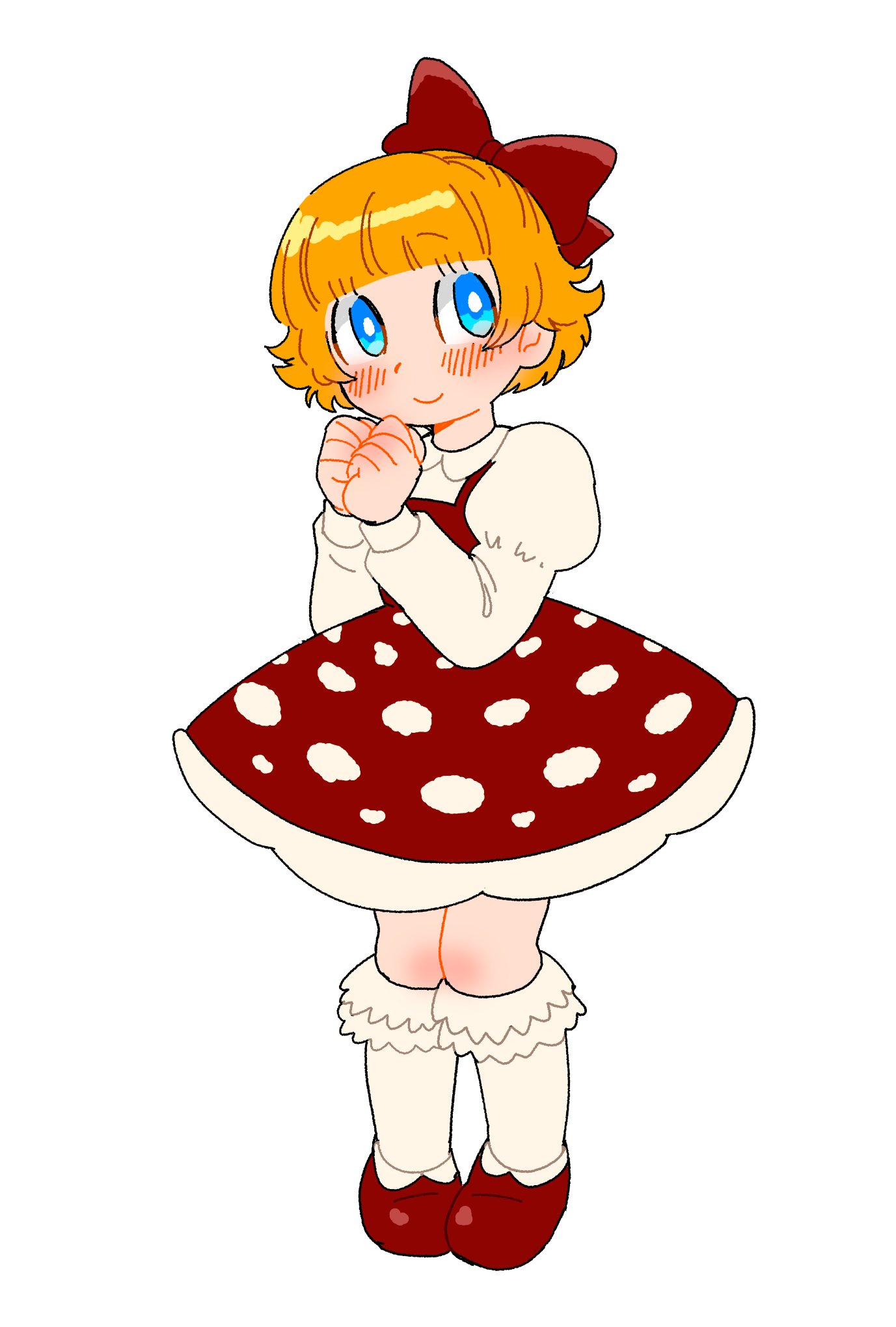 hikagami (june lotus), original, commentary request, highres, 1girl, blonde hair, blue eyes, bow, dress, fly agaric, full body, hair bow, juliet sleeves, kneehighs, long sleeves, looking at viewer, mushroom, pigeon-toed, puffy sleeves, red bow, red dress, short dress, short hair, simple background, socks, solo, standing, white background