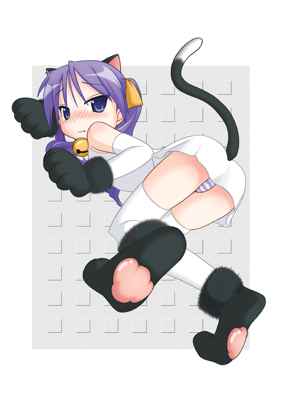 satou santouhei, hiiragi kagami, lucky star, 00s, 1girl, animal ears, bell, blush, cat ears, cat tail, fang, female focus, from behind, hair ribbon, long hair, panties, purple eyes, purple hair, ribbon, solo, striped clothes, striped panties, tail, thighhighs, tsurime, twintails, underwear