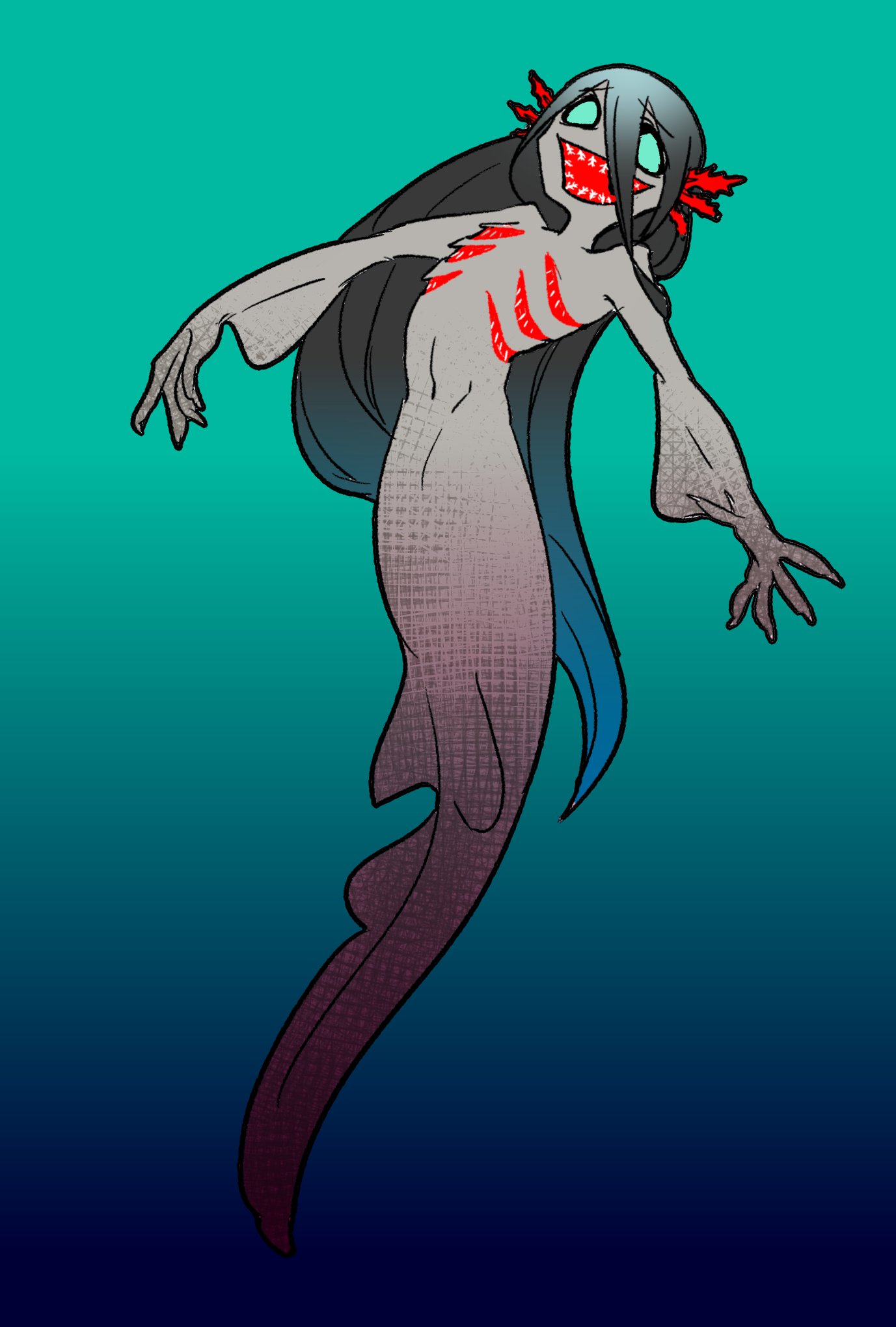 hikagami (june lotus), original, commentary request, highres, 1girl, black hair, blue background, blue eyes, blue hair, fins, full body, gills, gradient background, gradient hair, head fins, long hair, mermaid, monster girl, multicolored hair, open mouth, sharp teeth, solo, teeth, underwater, very long hair