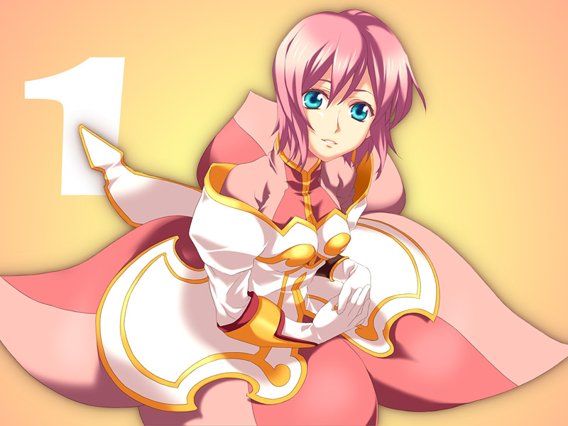 akiyoshi haru, estellise sidos heurassein, tales of (series), tales of vesperia, 00s, 1girl, blue eyes, female focus, gloves, pink hair, short hair, smile, solo