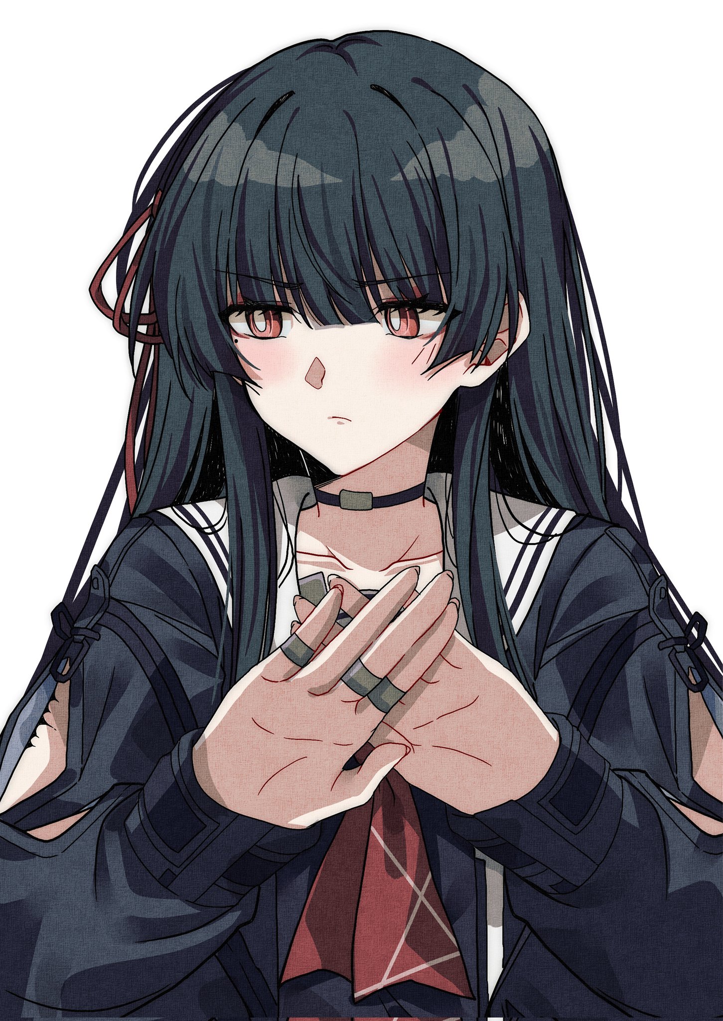 pokarii zuu, chisa (wuthering waves), wuthering waves, commentary, highres, 1girl, arm cutout, black choker, black hair, black shirt, blush, choker, closed mouth, clothing cutout, collarbone, fingernails, hair ribbon, hands up, long hair, long sleeves, looking to the side, mole, mole under eye, neckerchief, red eyes, red neckerchief, red ribbon, ribbon, sailor collar, shirt, simple background, solo, tacet mark (wuthering waves), upper body, white background, white sailor collar