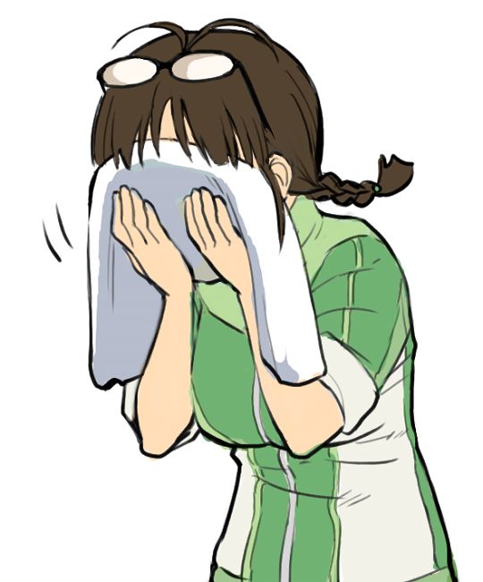 b suke, akizuki ritsuko, idolmaster, idolmaster (classic), commentary request, 1girl, alternate breast size (larger), antenna hair, braid, breasts, brown hair, eyewear on head, glasses, green jacket, jacket, large breasts, sleeves rolled up, solo, towel, upper body, wiping face
