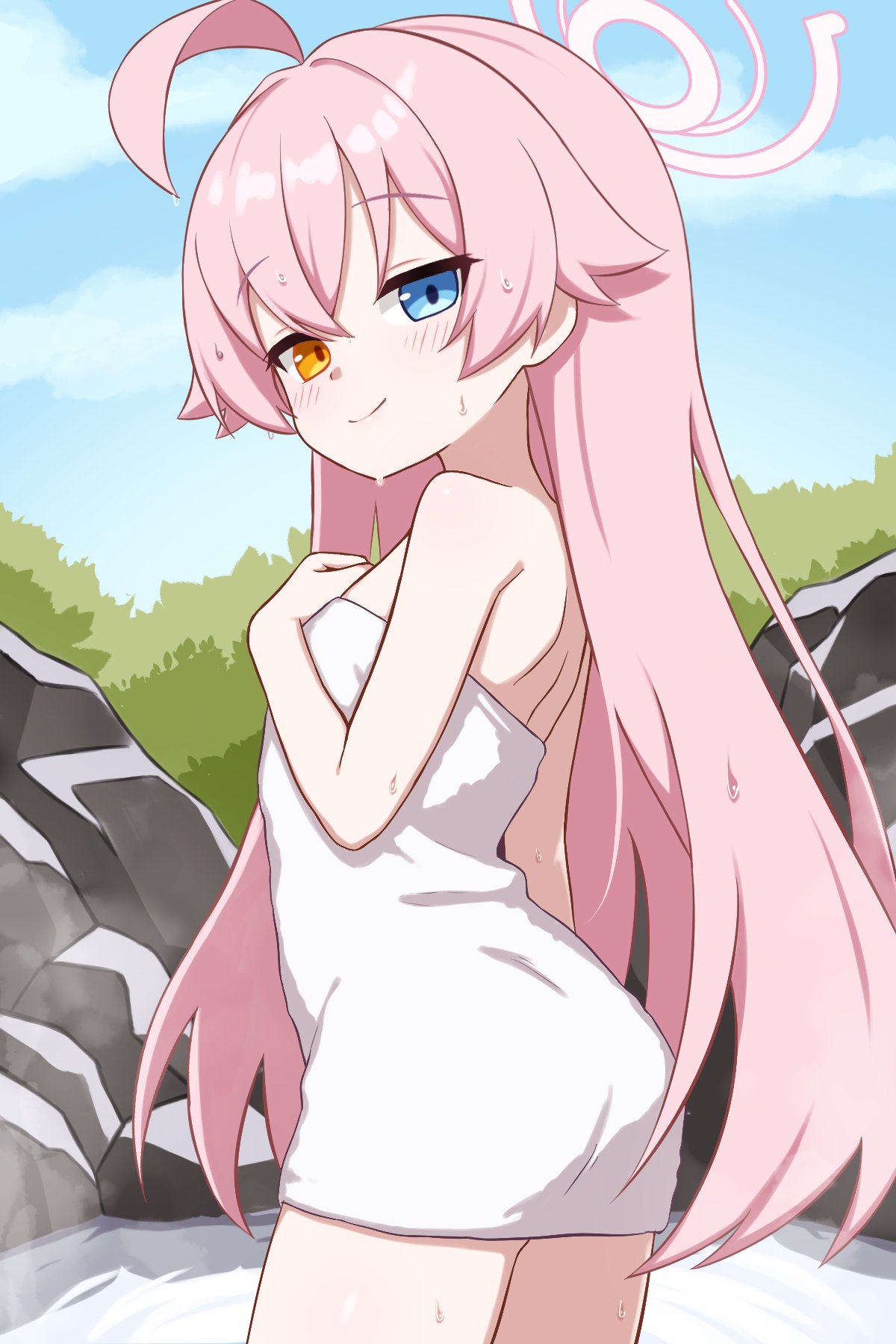 io9, hoshino (blue archive), blue archive, highres, 1girl, ahoge, bare shoulders, blue eyes, cowboy shot, facing away, flat chest, halo, heterochromia, holding, holding towel, legs, light blush, long hair, naked towel, onsen, orange eyes, outdoors, pink hair, pink halo, smile, solo, towel, wet