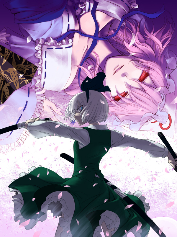 ishikawa yuga, konpaku youmu, saigyouji yuyuko, touhou, 2girls, blue eyes, female focus, hairband, hat, japanese clothes, katana, kimono, multiple girls, petals, pink hair, red eyes, short hair, sword, weapon, white hair
