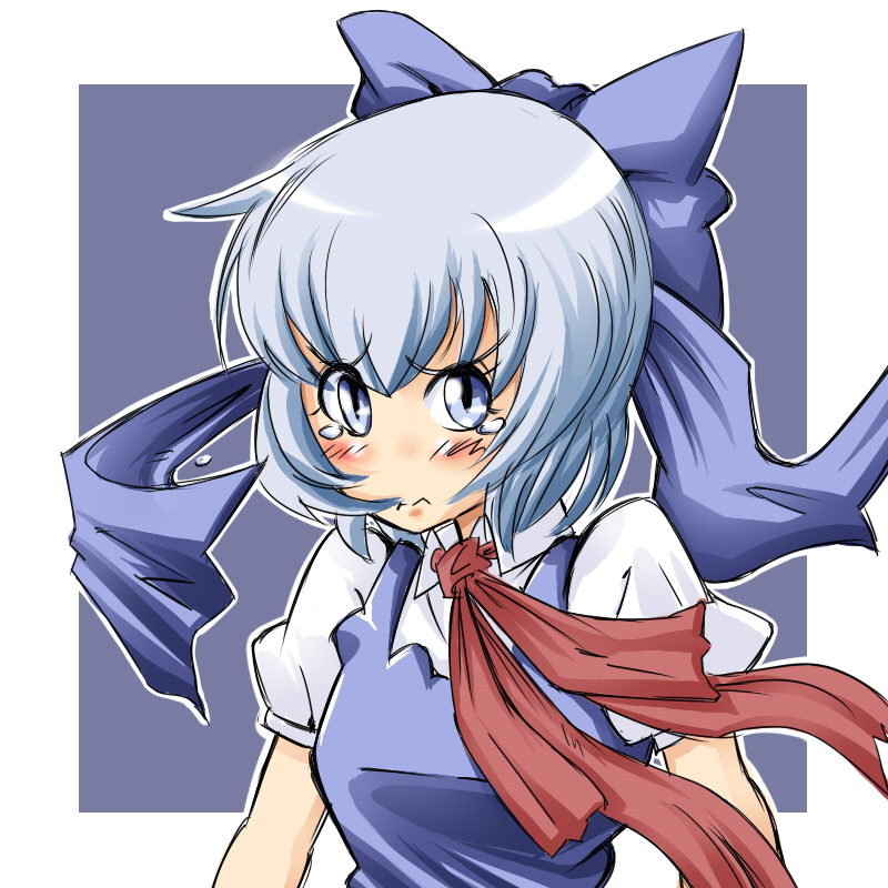 non (z-art), cirno, embodiment of scarlet devil, touhou, bad id, bad pixiv id, 1girl, blue eyes, blue hair, bow, female focus, hair bow, matching hair/eyes, short hair, solo, tears