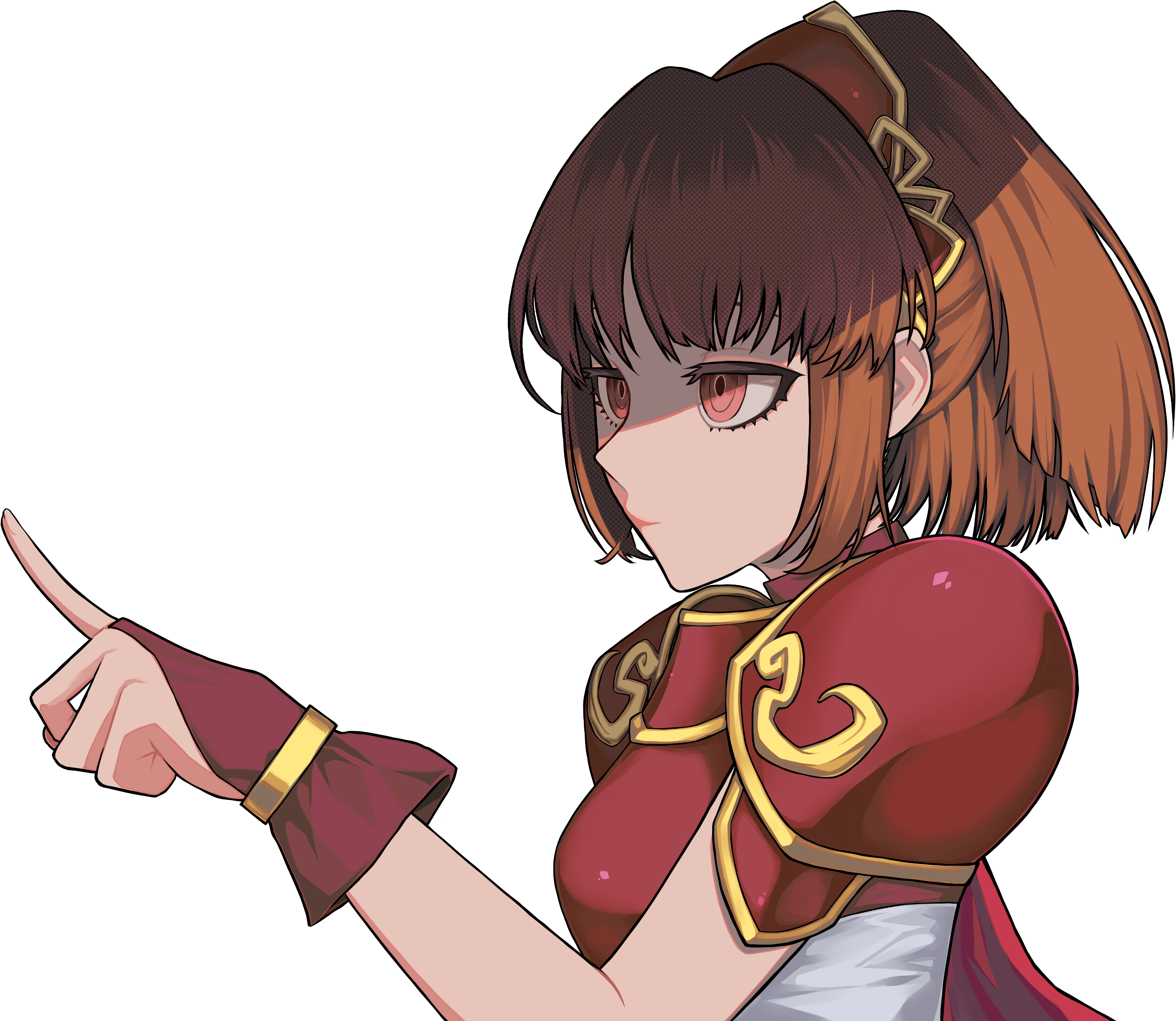 doppelganger arle, madou monogatari, puyopuyo, puyopuyo n, absurdres, commentary request, highres, armor, armored dress, breastplate, brown hair, cape, chest guard, corset, dra combo, dress, half updo, hand guard, looking to the side, pauldrons, pointing, ponytail, red armor, red cape, red eyes, short hair, shoulder armor, sidelocks, simple background, tiara, white corset