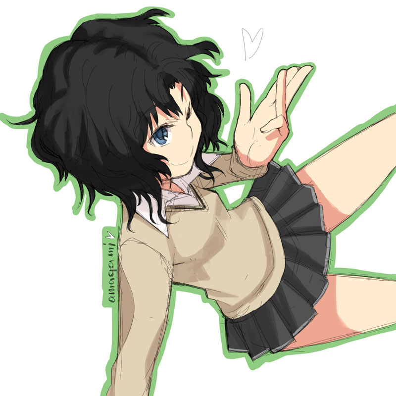 yu 65026, tanamachi kaoru, amagami, black hair, blue eyes, curly hair, looking up, messy hair, miniskirt, one eye closed, pleated skirt, school uniform, short hair, sitting, skirt, smile, solo, sweater, wavy hair, wink