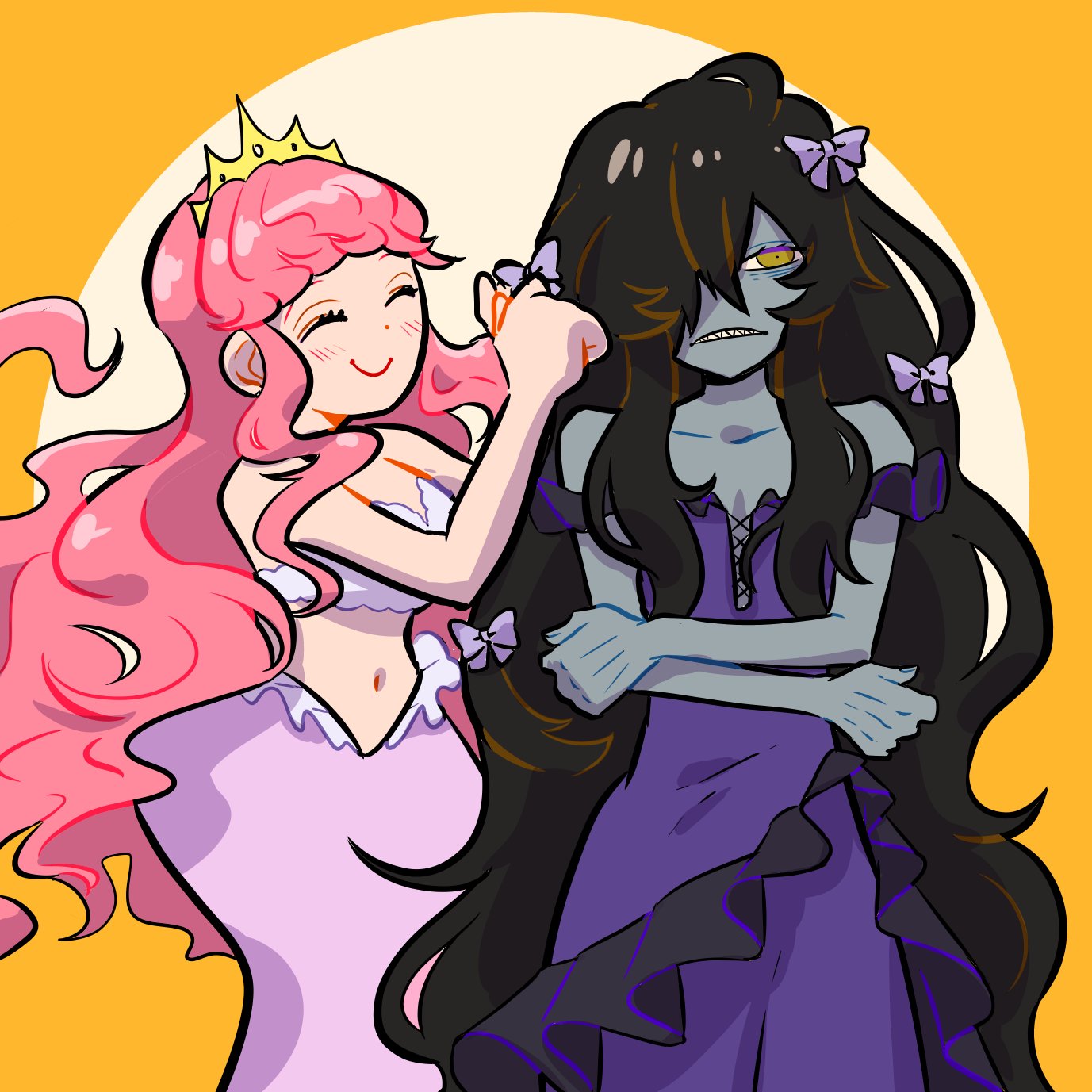 hikagami (june lotus), original, highres, 2girls, black hair, blue skin, bow, colored skin, cowboy shot, crossed arms, dress, hair bow, hair over one eye, long hair, mermaid, midriff, monster girl, multiple girls, pink hair, purple bow, purple dress, sharp teeth, teeth, tiara, very long hair, yellow background, yellow eyes