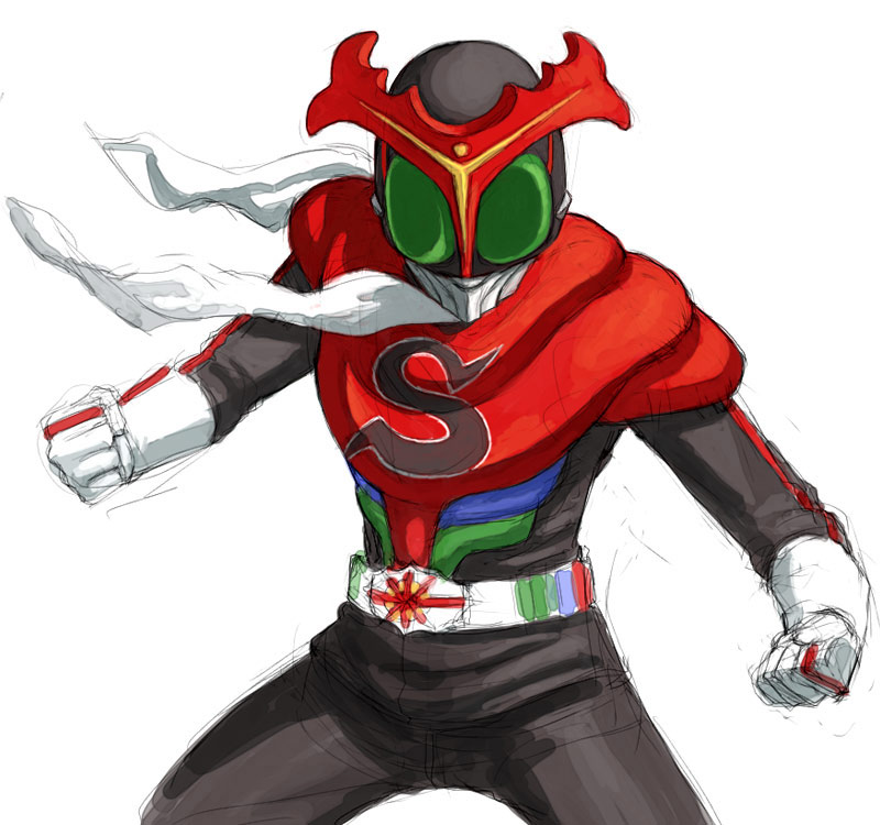 yu 65026, kamen rider stronger, kamen rider, kamen rider stronger (series), 1boy, belt, bodysuit, cowboy shot, gloves, helmet, letter, looking at viewer, male focus, scarf, simple background, skin tight, solo, standing, superhero costume, white background, white gloves