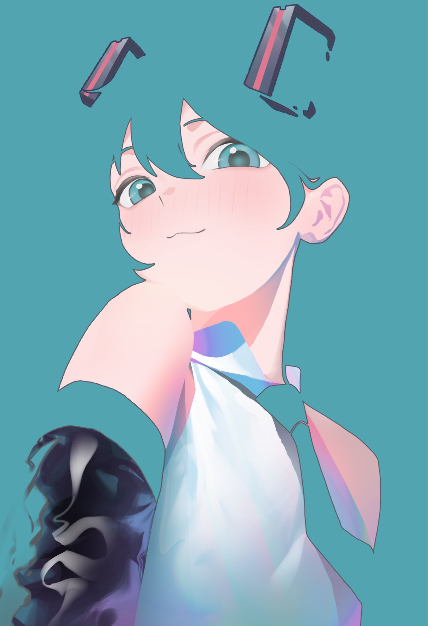unyoon 8986, hatsune miku, vocaloid, highres, 1girl, :3, aqua background, aqua eyes, aqua necktie, aqua theme, black sleeves, blending, blush, detached sleeves, double-parted bangs, hair between eyes, hair ornament, light smile, looking at viewer, necktie, shirt, sleeveless, sleeveless shirt, solo, turning head, upper body, white shirt