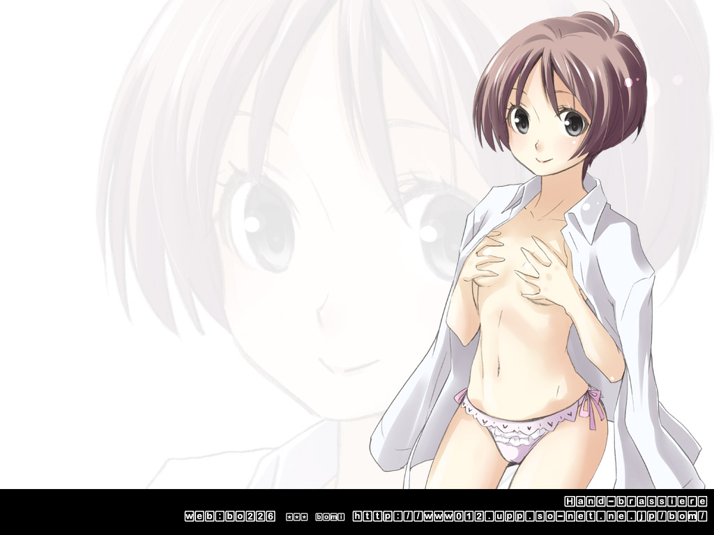 bomi, 1girl, ahoge, black eyes, blush, bob cut, cameltoe, covering breasts, covering privates, dress shirt, female focus, flat chest, frilled panties, frills, grey hair, lace, lace-trimmed panties, lace trim, looking at viewer, navel, no bra, open clothes, open shirt, panties, parted bangs, purple panties, shirt, short hair, side-tie panties, solo, standing, underwear, wide hips, zoom layer
