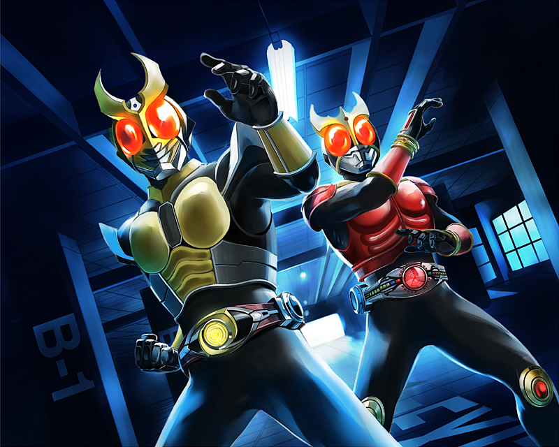 tonji, kamen rider agito, kamen rider agito (ground form), kamen rider kuuga, kamen rider, kamen rider agito (series), kamen rider kuuga (series), bad id, bad pixiv id, 2boys, armor, horns, mask, multiple boys, red eyes, shoulder pads