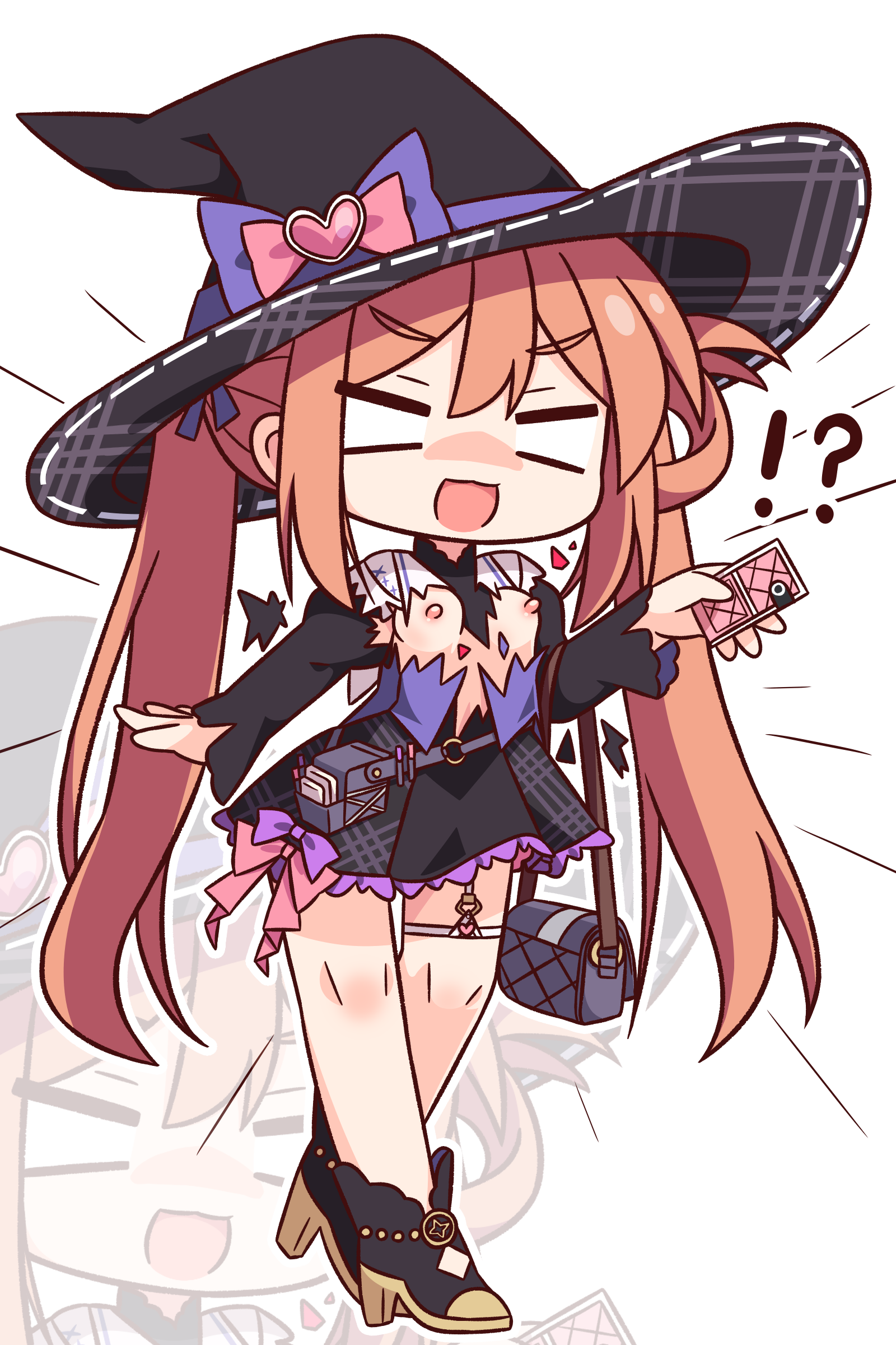 hana kazari, stella sora, absurdres, commentary request, highres, !?, 1girl, :d, black dress, black hat, black shoes, blank eyes, bow, dress, full body, hat, hat bow, high heels, long hair, long sleeves, mistique (stella sora), nipples, open mouth, orange hair, purple bow, shoes, simple background, smile, solo, standing, torn clothes, torn dress, twintails, white background, witch hat