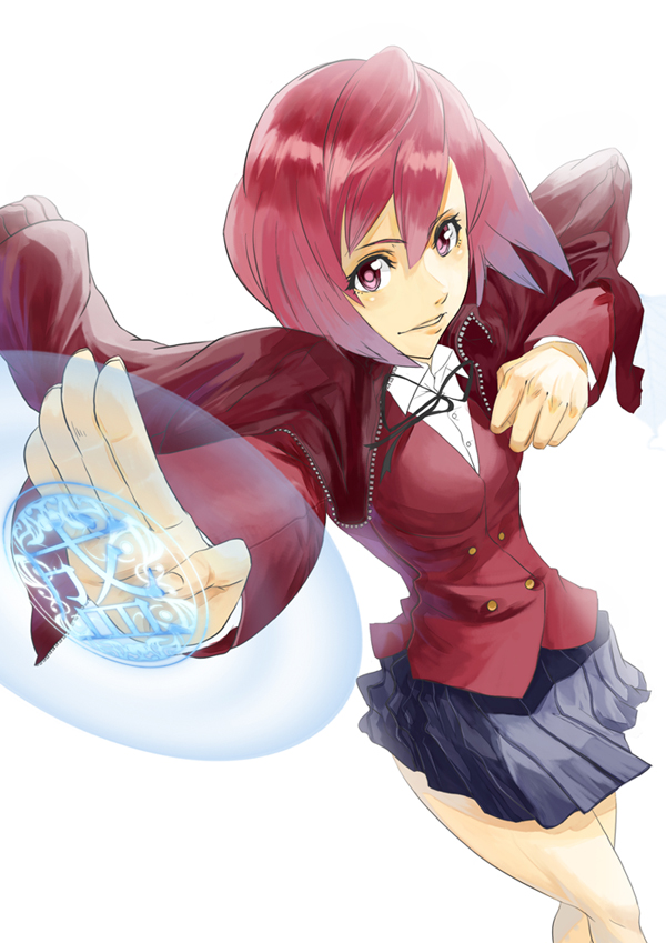 maximum show, kushieda minori, toradora!, bad id, bad pixiv id, 00s, jacket, jacket on shoulders, magic circle, red eyes, red hair, school uniform, short hair, solo
