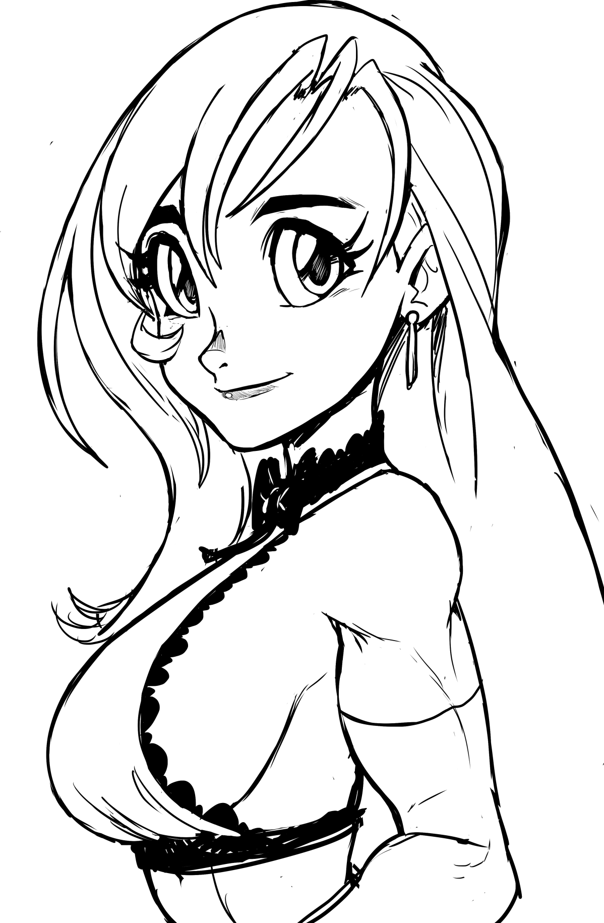 teevo, tifa lockhart, tifa lockhart (refined dress), final fantasy, final fantasy vii, final fantasy vii remake, highres, breasts, earrings, jewelry, long hair, looking at viewer, muscular, muscular female, sideboob, sketch