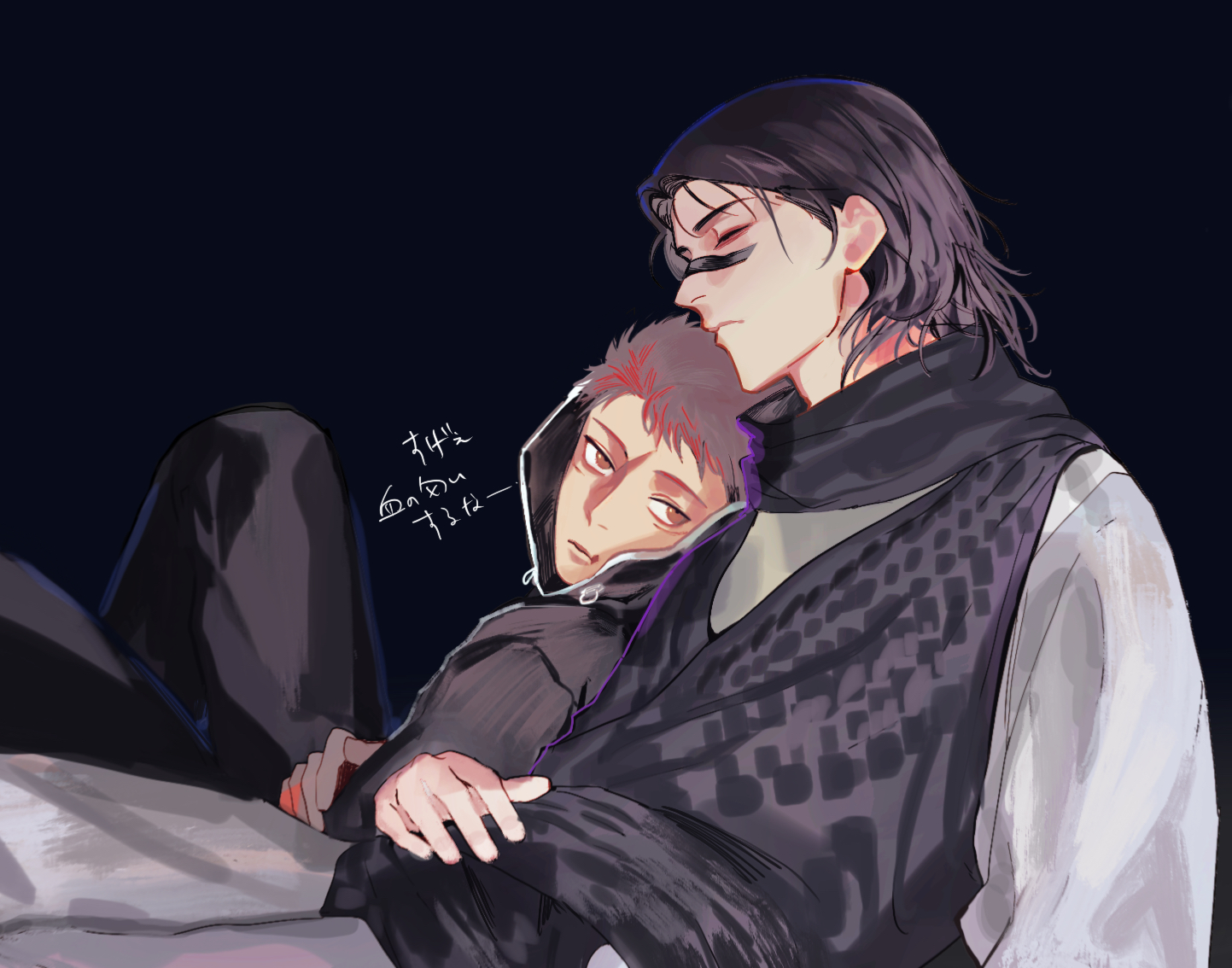 kotomine (a1569), choso (jujutsu kaisen), itadori yuuji, jujutsu kaisen, commentary request, translation request, 2boys, black hair, black jacket, black pants, black scarf, closed eyes, facial mark, jacket, leaning on person, looking at another, male focus, multiple boys, orange eyes, pants, pink hair, scarf, short hair, sitting
