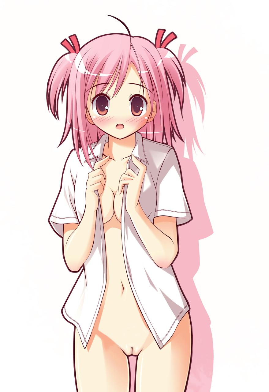 sasaki makie, mahou sensei negima!, highres, 00s, 1girl, ahoge, blush, breasts, cleavage, collarbone, colored shadow, female focus, functionally nude, hair ribbon, hair tie, holding, holding shirt, holding unworn clothes, looking at viewer, matching hair/eyes, navel, no bra, no panties, open clothes, open mouth, open shirt, partially undressed, pink eyes, pink hair, pussy, ribbon, shadow, shirt, short hair, short twintails, simple background, standing, thigh gap, thighs, twintails, unworn shirt, white shirt