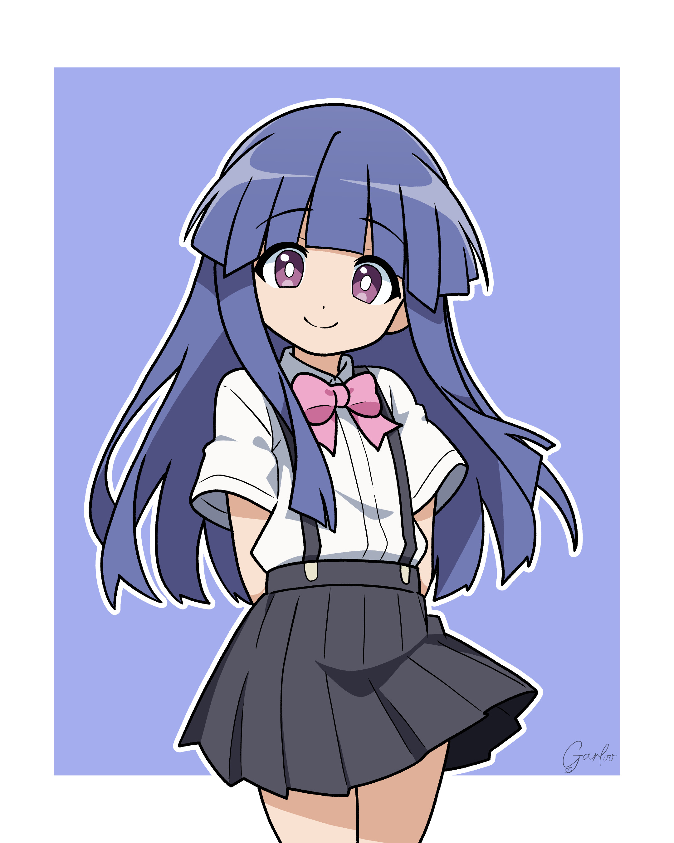 garloo, furude rika, higurashi no naku koro ni, absurdres, highres, 1girl, arms behind back, artist name, black skirt, blue background, blue hair, blunt bangs, bow, bowtie, inktober, long hair, looking at viewer, pink bow, purple eyes, shirt, short sleeves, skirt, smile, solo, suspenders, two-tone background, white background, white shirt