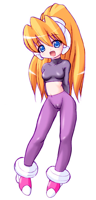 girutaabo, ciel (mega man), capcom, mega man (series), mega man zero (series), 1girl, blonde hair, blue eyes, breasts, cameltoe, female focus, full body, midriff, pantyhose, ponytail, robot ears, simple background, small breasts, smile, solo, standing, white background