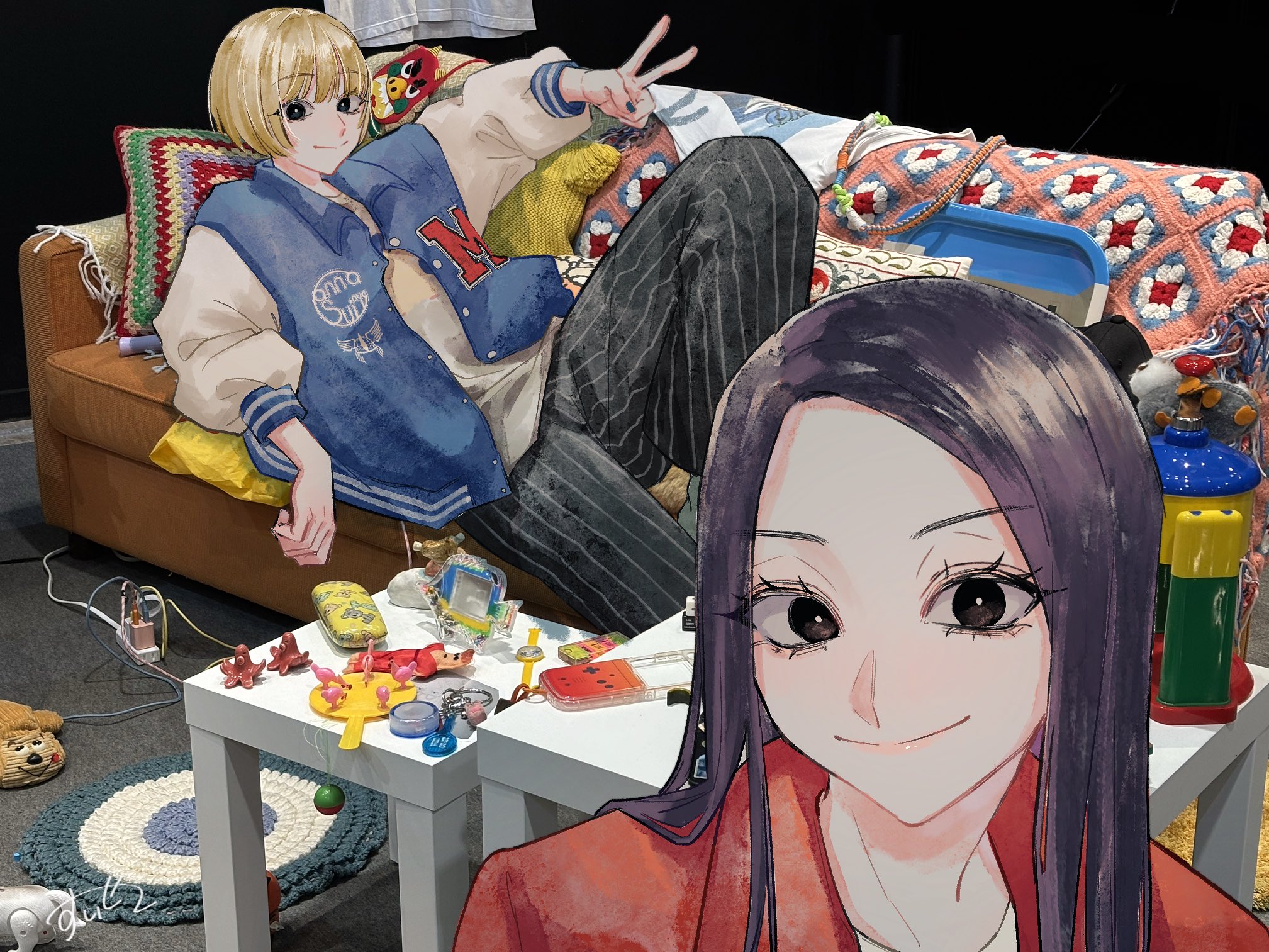 fukagawa mahiro, sugimoto chisato, baby walkure, commentary request, highres, 2girls, bar phone, black eyes, black hair, black pants, blonde hair, blue jacket, blue nails, cable, closed mouth, couch, jacket, long hair, looking at viewer, multiple girls, nail polish, pants, power strip, red jacket, shirt, short hair, tosots miroku, v, white shirt