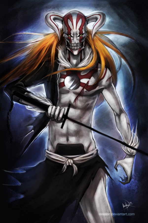ninjatic, hollow ichigo, kurosaki ichigo, bleach, spoilers, 00s, 1boy, abs, alternate color, blood, claws, colored skin, cuts, hole, horns, injury, long hair, male focus, mask, orange hair, skull, solo, sword, weapon, white skin
