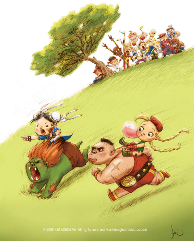kei acedera, akuma (street fighter), balrog (street fighter), blanka, cammy white, chun-li, dhalsim, e. honda, guile, kasugano sakura, ken masters, m. bison, ryu (street fighter), sagat, thunder hawk, vega (street fighter), zangief, capcom, street fighter, 3girls, 6+boys, :d, aged down, all fours, bald, bandaid, beret, black hair, blonde hair, blowing bubble gum, blowing bubbles, braid, bun cover, carrying, chewing gum, child, dark-skinned male, dark skin, double bun, everyone, flat chest, hair bun, happy, hat, jewelry, long hair, mexico, multiple boys, multiple girls, native american, necklace, open mouth, outdoors, pantyhose, piggyback, pointing, racing, riding, short hair, skull necklace, smile, tree, twin braids