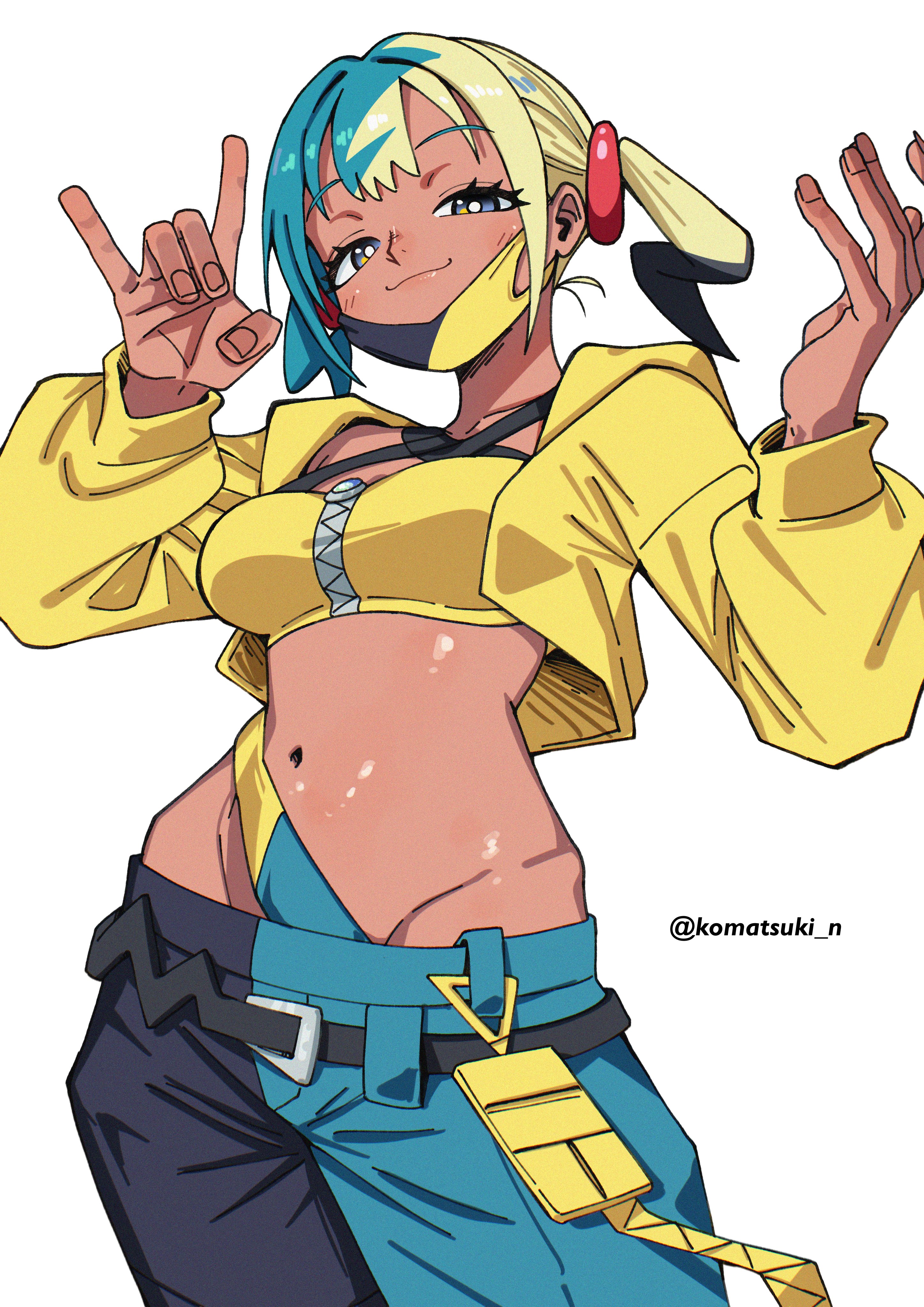 komatsuki n, canari (pokemon), nintendo, pokemon, pokemon legends: z-a, absurdres, highres, 1girl, belt, black pants, blonde hair, blue hair, blush, breasts, dark-skinned female, dark skin, groin, jacket, long sleeves, looking at viewer, mask, medium breasts, midriff, mouth mask, multicolored hair, navel, pants, simple background, smile, solo, twintails, twitter username, two-tone hair, white background, yellow jacket
