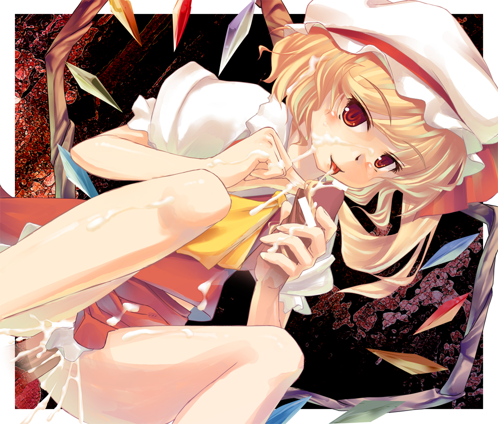 ichio, flandre scarlet, touhou, 1boy, 1girl, censored, cum, cum in pussy, disembodied penis, hat, hetero, loli, penis, red eyes, sex, solo, solo focus, vaginal, wings