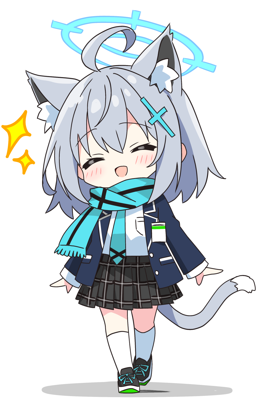 kotatsu-mazoku, shiroko (blue archive), blue archive, commentary request, highres, 1girl, :d, ^ ^, animal ear fluff, animal ears, black shoes, black skirt, blue halo, blue jacket, blue necktie, blue scarf, blush, cat ears, cat girl, cat tail, chibi, chibi only, closed eyes, extra ears, full body, grey hair, halo, jacket, long sleeves, necktie, open clothes, open jacket, open mouth, plaid clothes, plaid skirt, pleated skirt, scarf, shirt, shoes, short hair, simple background, skirt, smile, sneakers, socks, solo, standing, tail, white background, white shirt, white socks