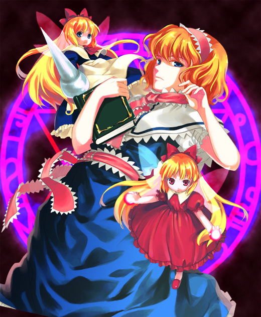 aro s, shimakusa arou, alice margatroid, shanghai doll, touhou, 1girl, blonde hair, blue eyes, book, female focus, lance, magic circle, polearm, short hair, solo, spear, weapon