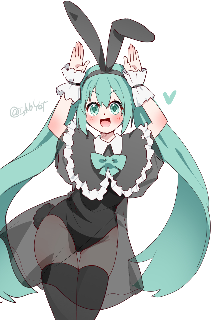 kouki kuu, hatsune miku, vocaloid, highres, 1girl, alternate costume, animal ears, aqua eyes, aqua hair, blush, caramelldansen, dress, fake animal ears, fake tail, long hair, open mouth, panties visible through clothes, ribbon, smile, tail, thighhighs, twintails, very long hair, white background, wrist cuffs
