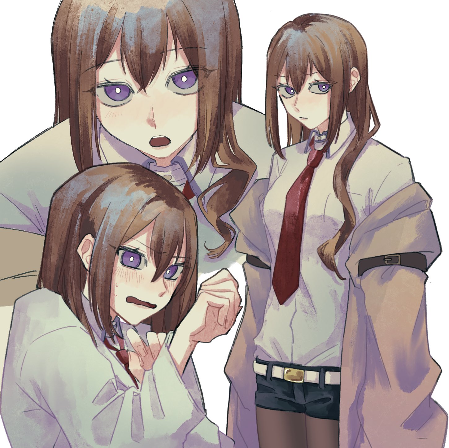 makise kurisu, science adventure, steins;gate, commentary request, highres, 1girl, black shorts, brown hair, brown jacket, brown pantyhose, hair between eyes, jacket, long hair, looking at viewer, multiple views, necktie, off shoulder, open mouth, pantyhose, pantyhose under shorts, purple eyes, red necktie, shirt, shorts, sidelocks, simple background, teeth, tosots miroku, upper teeth only, white background, white shirt