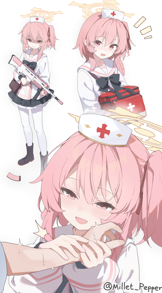 millet pepper, serina (blue archive), blue archive, commentary request, 1girl, 1other, blush, breasts, feather hair, halo, hand on another's cheek, hand on another's face, hat, looking at viewer, medium breasts, nurse cap, one side up, open mouth, pink eyes, pink hair, pink halo, simple background, smile, white background, yellow halo