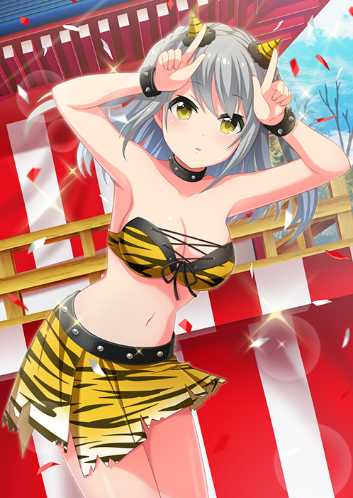 yuki (project tokyo dolls), project tokyo dolls, commentary request, official art, second-party source, 1girl, animal print, architecture, armpits, arms up, belt, bikini, black belt, blue sky, braid, breasts, cleavage, cloud, collarbone, confetti, cowboy shot, crown braid, day, dot nose, dutch angle, east asian architecture, fake horns, grey hair, horns, horns pose, lens flare, looking at viewer, medium breasts, medium hair, navel, oni costume, outdoors, parted lips, print bikini, print skirt, skirt, sky, solo, sparkle, spiked wristband, strapless, strapless bikini, studded belt, swimsuit, tiger print, yellow bikini, yellow eyes, yellow skirt