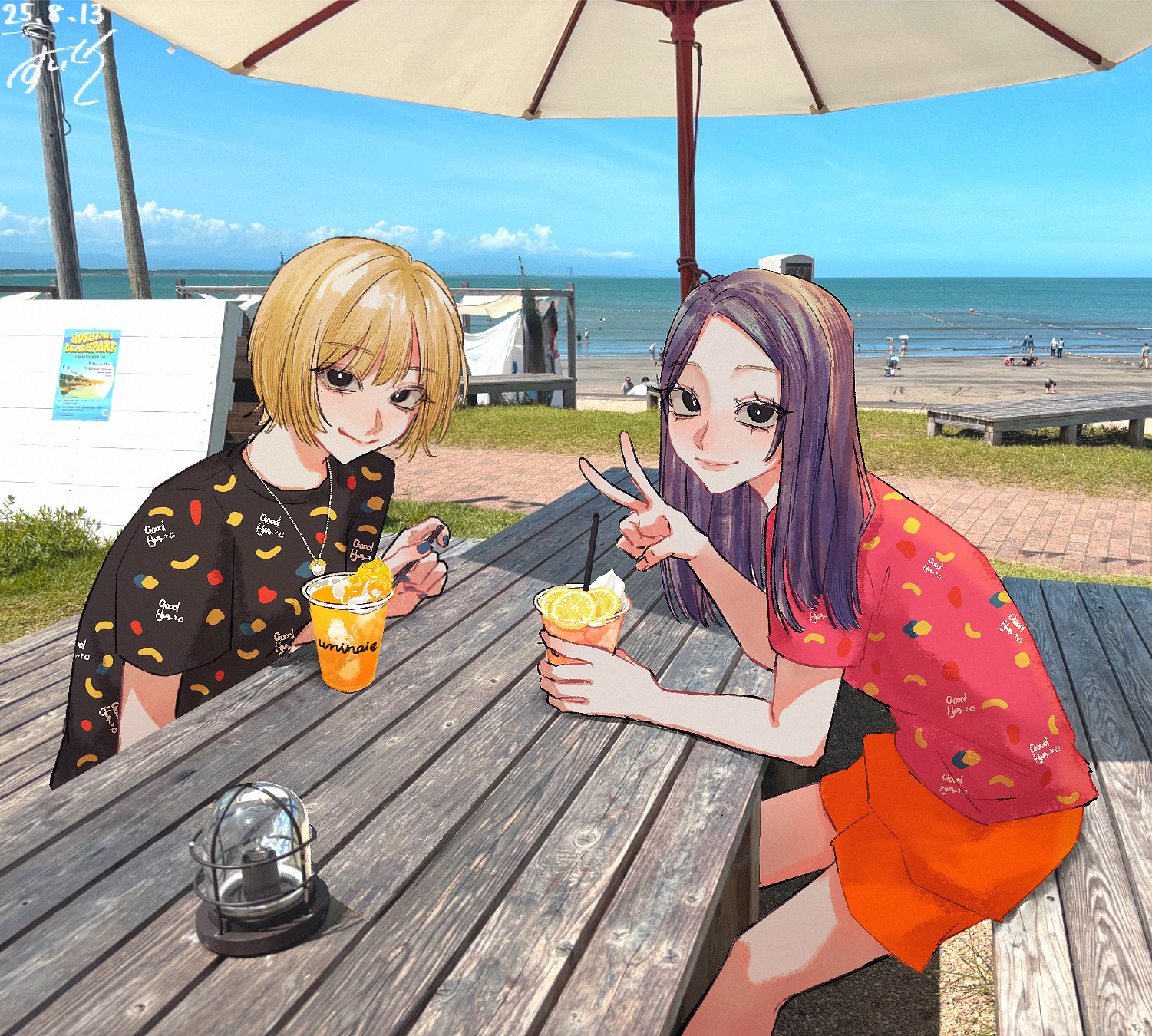 fukagawa mahiro, sugimoto chisato, baby walkure, commentary request, highres, 2girls, beach, black eyes, black hair, black shirt, blonde hair, closed mouth, dated, long hair, mole, mole under eye, multiple girls, open mouth, parasol, photo background, red shirt, shirt, short hair, short sleeves, signature, sitting, tosots miroku, umbrella, v