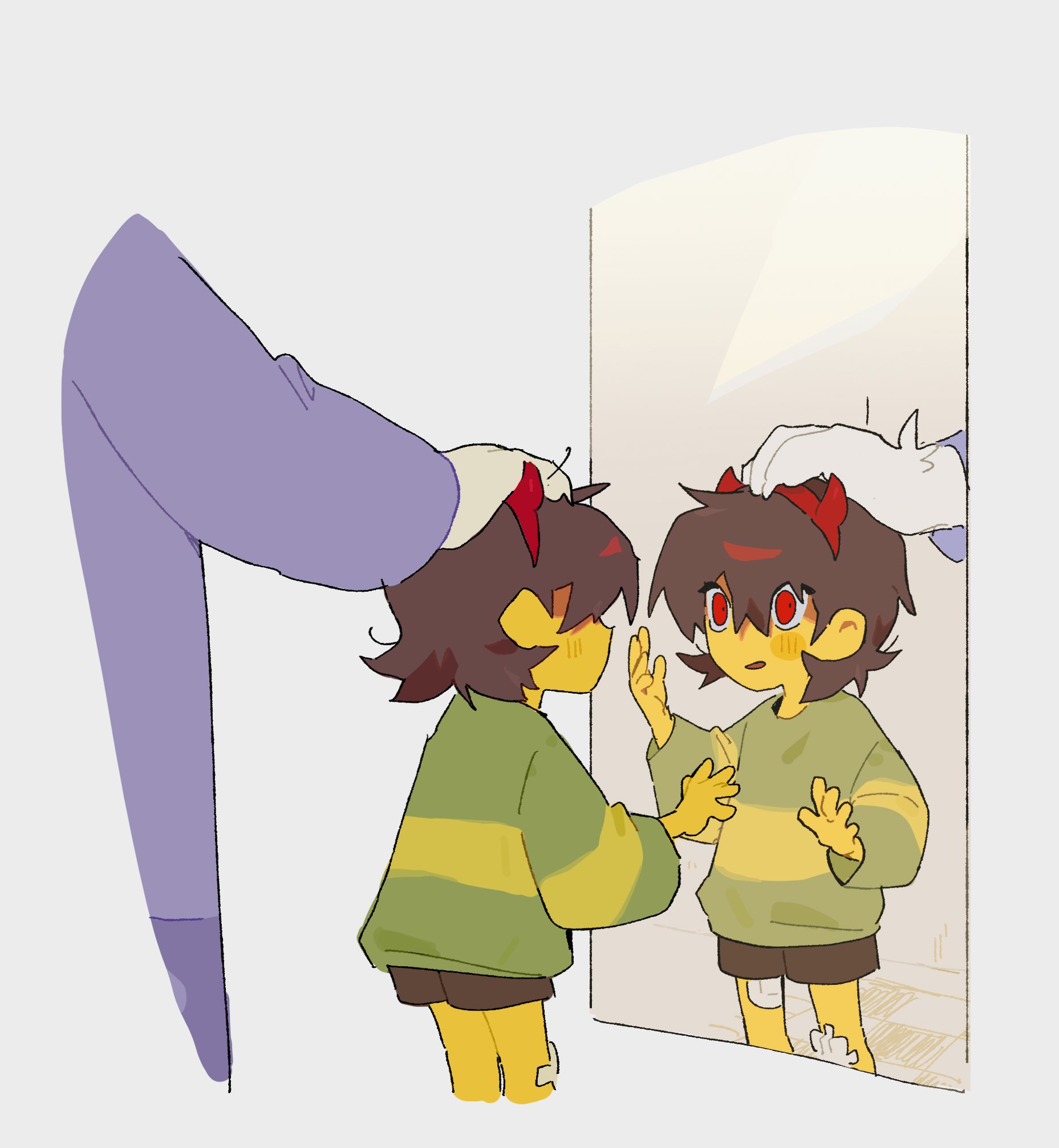 abcdefz 7, chara (undertale), toriel, undertale, utdr (toby fox), highres, 1girl, bandaid, bandaid on leg, blush, brown hair, colored skin, fake horns, headpat, horns, mirror, open mouth, red eyes, short hair, shorts, surprised, sweater, white fur, yellow skin