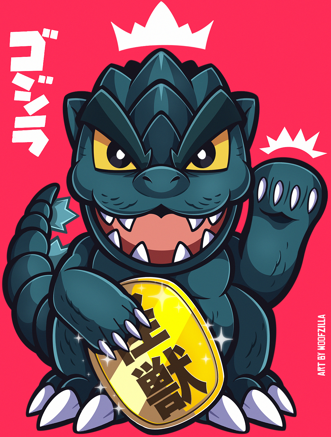 woofzilla, godzilla, godzilla (series), toho, commentary, english commentary, highres, translation request, artist name, claws, full body, kaiju, looking at viewer, maneki-neko, no humans, open mouth, red background, sharp teeth, simple background, solo, teeth, yellow eyes