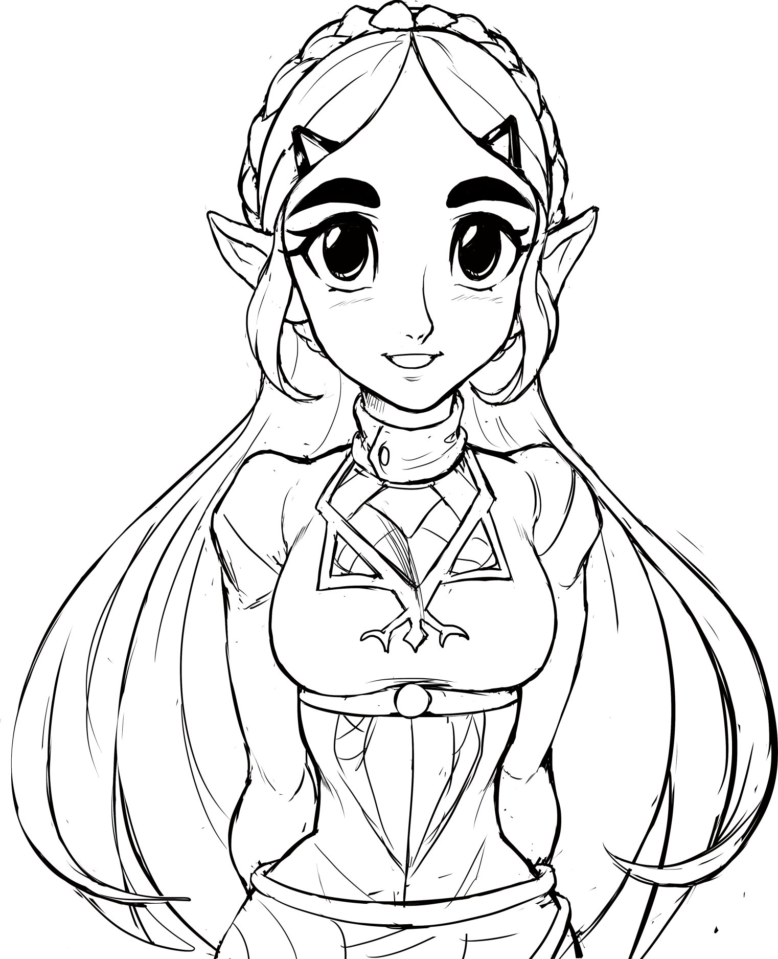 teevo, princess zelda, nintendo, the legend of zelda, the legend of zelda: breath of the wild, highres, arms behind back, braid, hair ornament, hairclip, long hair, looking at viewer, pointy ears, sketch