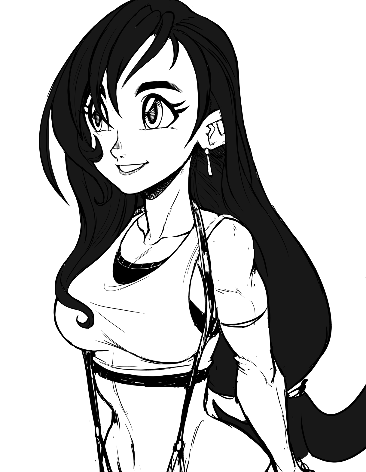 teevo, tifa lockhart, final fantasy, final fantasy vii, final fantasy vii remake, highres, cleft of venus, crop top, earrings, jewelry, long hair, midriff, muscular, muscular female, navel, sketch, suspenders, tank top
