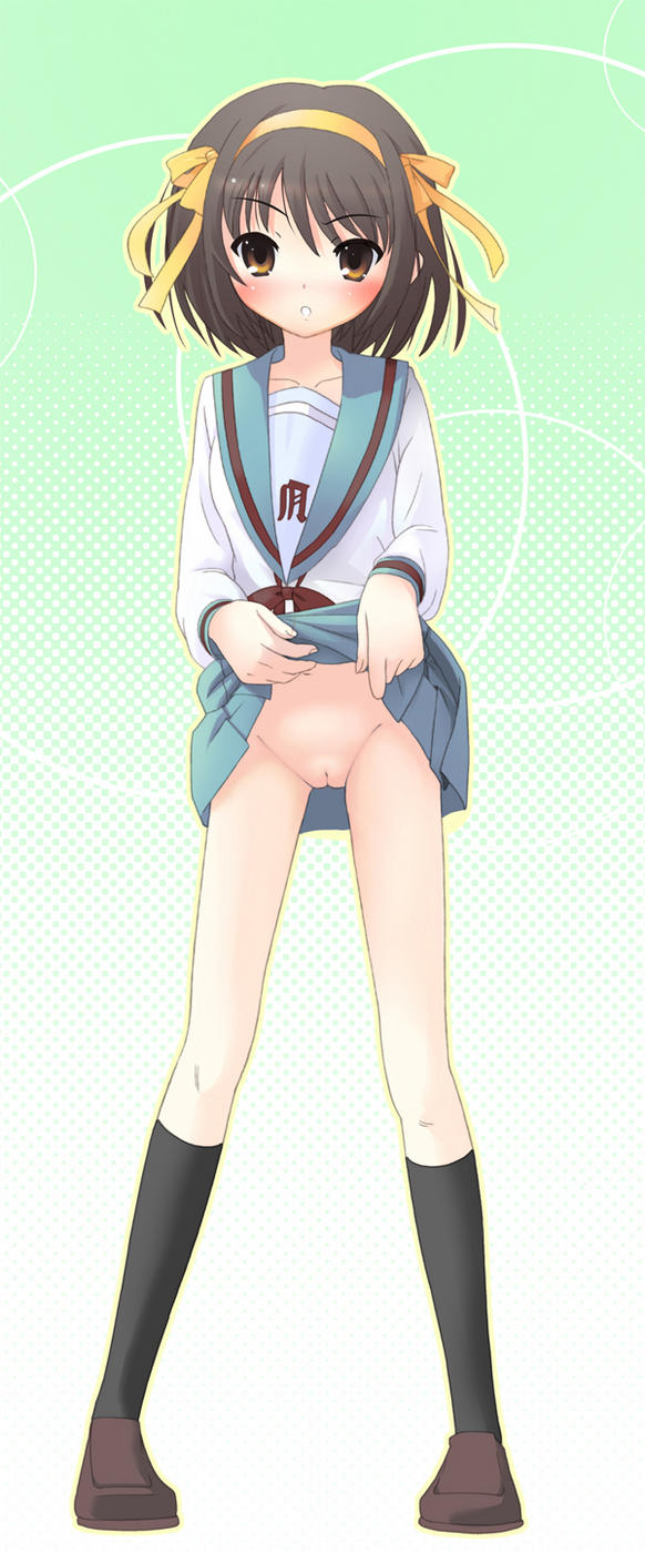 suzumiya haruhi, suzumiya haruhi no yuuutsu, highres, 1girl, blush, bottomless, no panties, pussy, school uniform, serafuku, skirt lift, solo