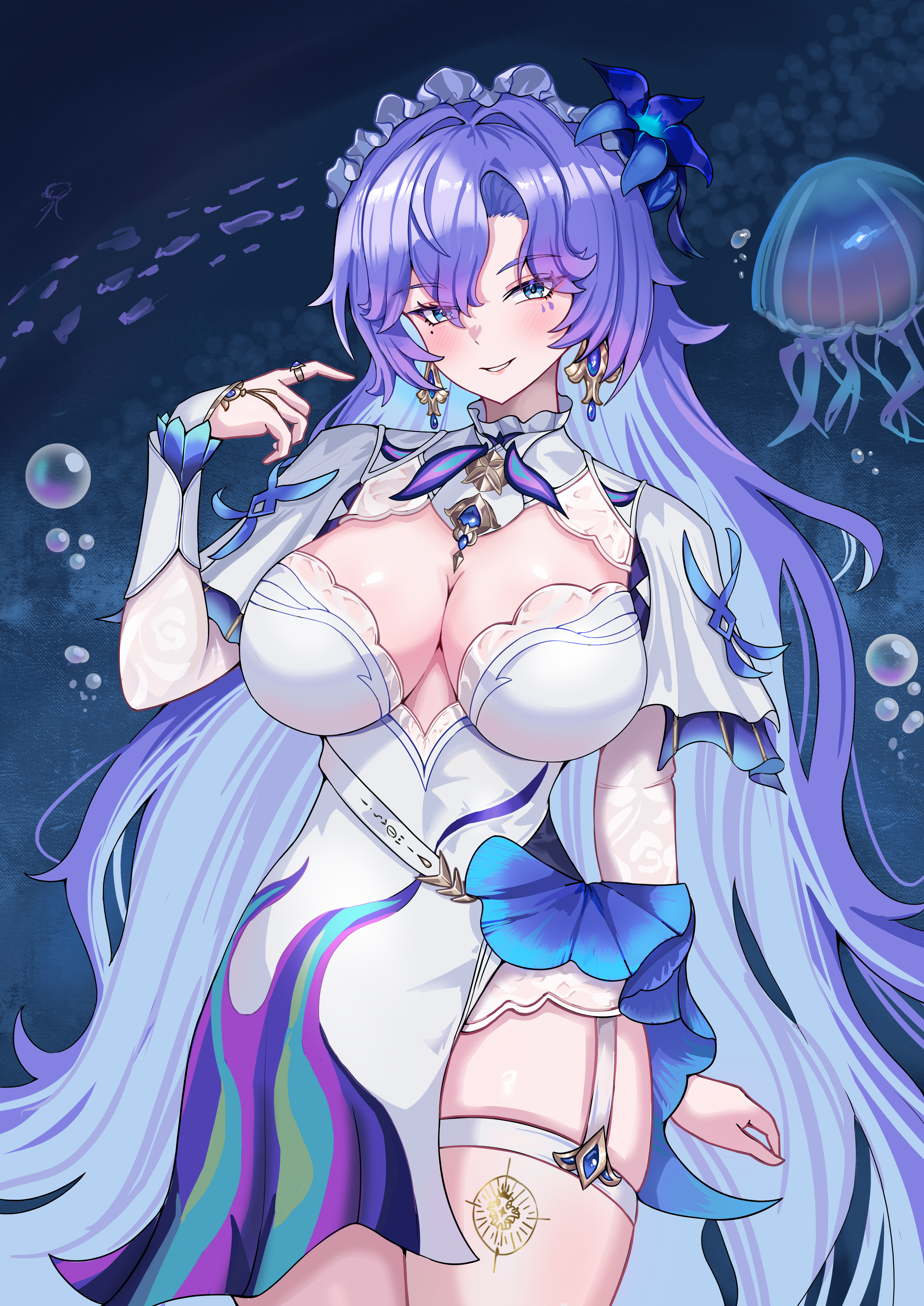 vavamva, cantarella (wuthering waves), wuthering waves, absurdres, commentary, highres, 1girl, blue eyes, blue flower, breasts, bubble, cowboy shot, dress, earrings, facial mark, flower, hair between eyes, hair flower, hair ornament, hand up, headdress, jellyfish, jewelry, large breasts, long hair, looking at viewer, mark under eye, mole, mole under eye, parted lips, purple hair, shrug (clothing), smile, solo, thighhighs, thighs, very long hair, white dress, white shrug, white thighhighs