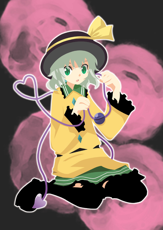 komeiji koishi, touhou, 1girl, female focus, flower, full body, green hair, hat, plant, rose, skirt, solo, thighhighs