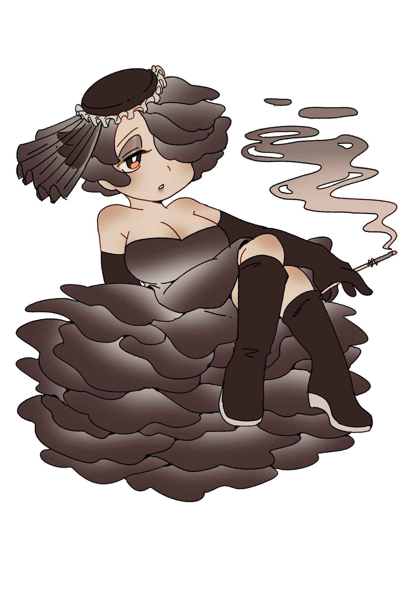 hikagami (june lotus), original, commentary request, highres, 1girl, brown dress, brown eyes, brown hair, crossed legs, dress, elbow gloves, full body, gloves, gradient hair, hair over one eye, holding, holding smoking pipe, multicolored hair, short hair, simple background, smoke, smoking pipe, solo, white background