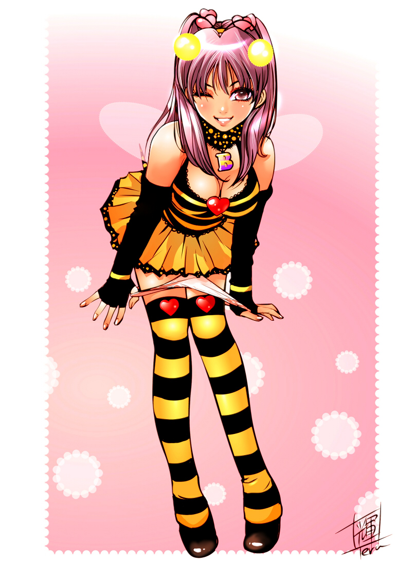 teruchan, 1girl, arthropod girl, bee, bee girl, bent over, blush, breasts, bug, cleavage, elbow gloves, female focus, fingerless gloves, gloves, heart, insect, insect girl, large breasts, leaning forward, miniskirt, monster girl, naughty face, one eye closed, panties, panty pull, pink eyes, pink hair, shoes, skirt, smile, solo, striped clothes, striped thighhighs, thighhighs, tongue, underwear, wings, wink, zettai ryouiki