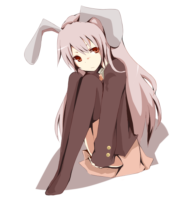 mono (recall), reisen udongein inaba, touhou, bad id, bad pixiv id, 1girl, animal ears, black thighhighs, blazer, female focus, full body, jacket, long hair, purple hair, rabbit ears, red eyes, simple background, sitting, solo, thighhighs, white background