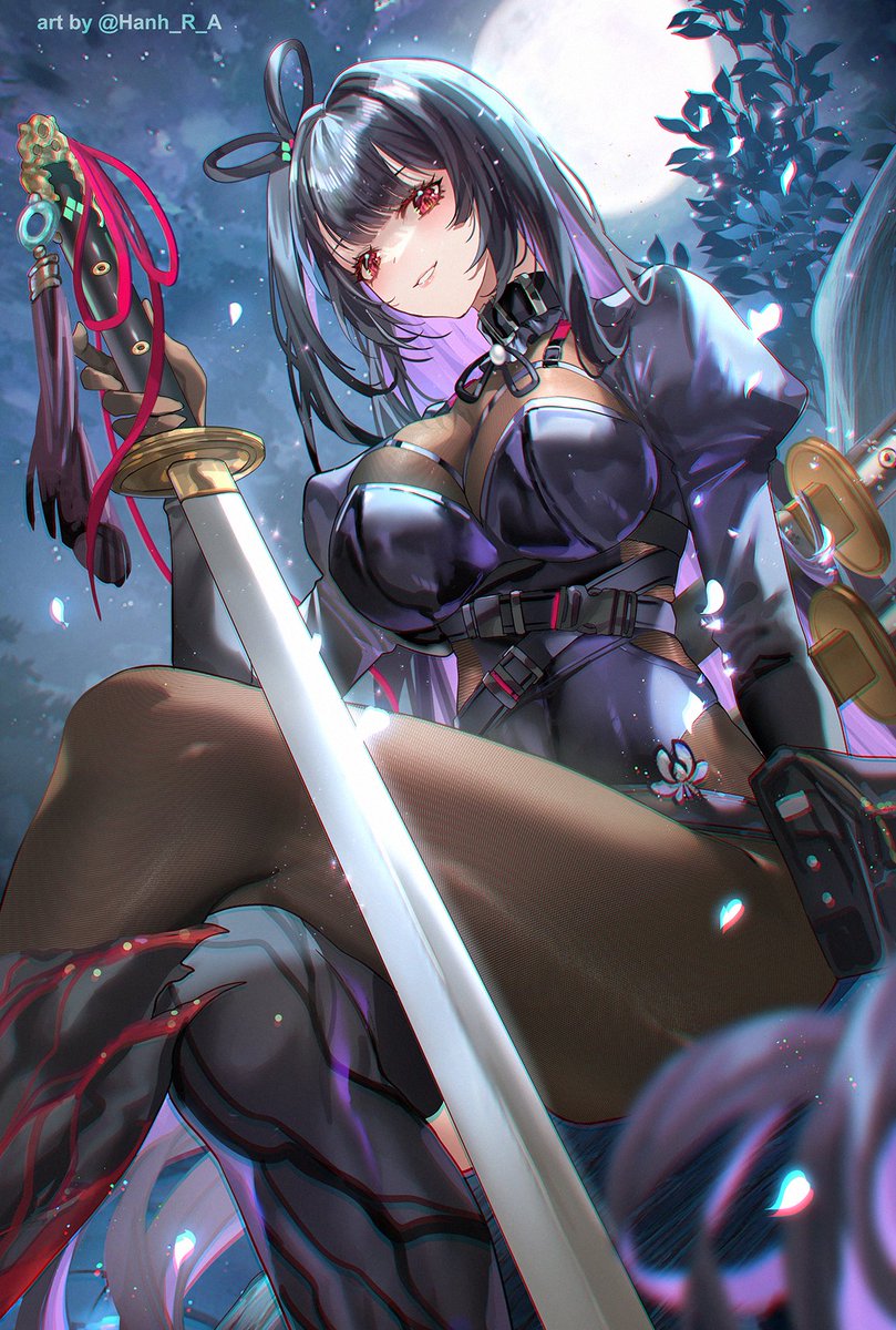 hanh chu, chaos zero nightmare, black bodystocking, highres, 1girl, asymmetrical legwear, belt, belt collar, belt pouch, black belt, black bridal gauntlets, black hair, blush, bodystocking, border, breasts, bridal gauntlets, chest harness, cleavage, collar, colored inner hair, falling petals, full moon, hand up, harness, holding, holding sword, holding weapon, katana, large breasts, leotard, long hair, looking at viewer, mismatched legwear, moon, moonlight, multicolored hair, night, night sky, parted lips, petals, pouch, red eyes, rin (chaos zero nightmare), see-through cleavage, see-through clothes, sidelocks, single hiphigh, single thighhigh, sky, solo, strap, sword, tassel, thigh pouch, thigh strap, thighhighs, very long hair, weapon