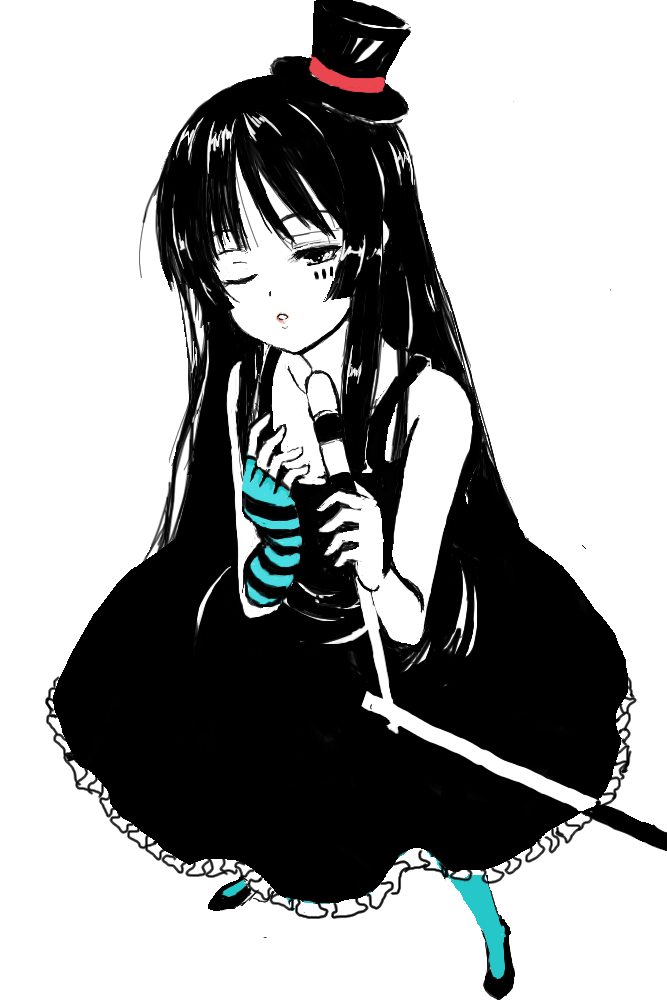akiyama mio, don't say "lazy", k-on!, 00s, 1girl, black hair, blue pantyhose, blunt bangs, facepaint, female focus, gothic lolita, hat, hime cut, lolita fashion, mini hat, mini top hat, pantyhose, solo, top hat