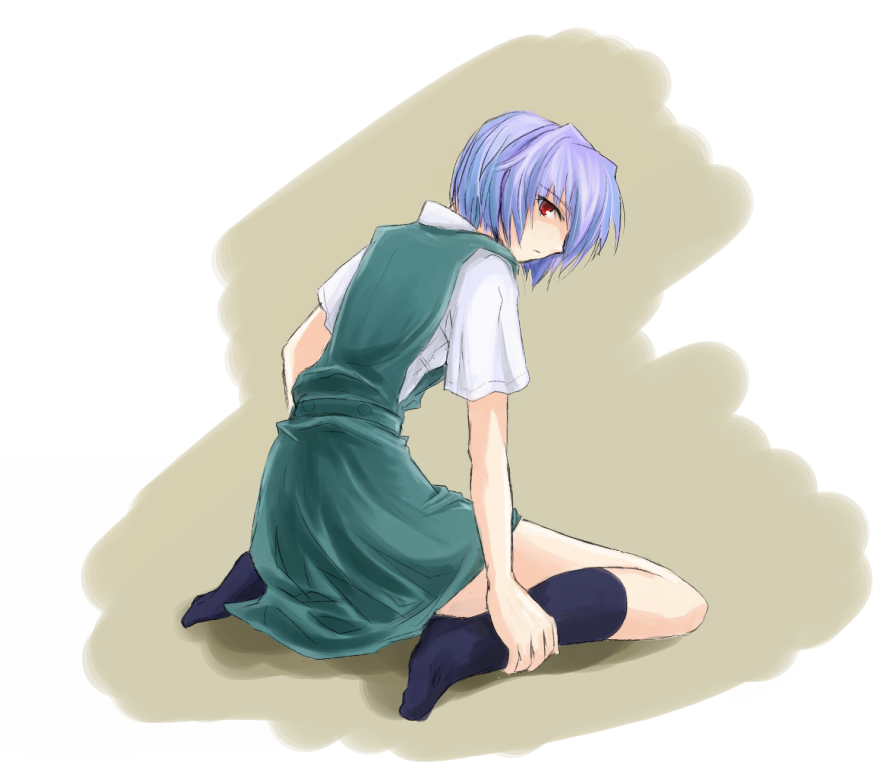 tenjou kai, ayanami rei, neon genesis evangelion, blue hair, kneeling, looking back, red eyes, school uniform, short hair, sitting, solo