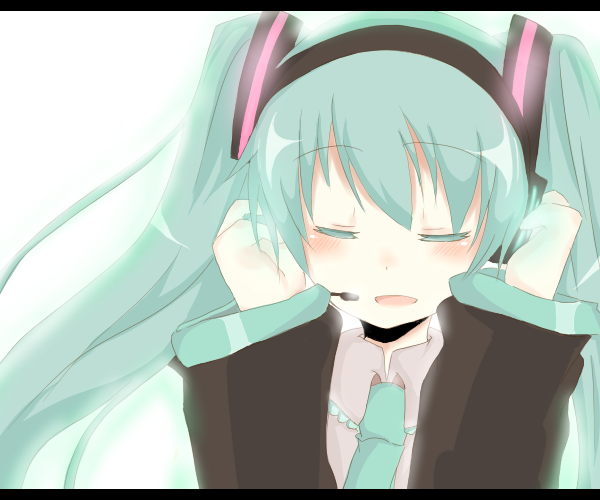 mono (recall), hatsune miku, vocaloid, bad id, bad pixiv id, closed eyes, green hair, letterboxed, long hair, necktie, solo, twintails