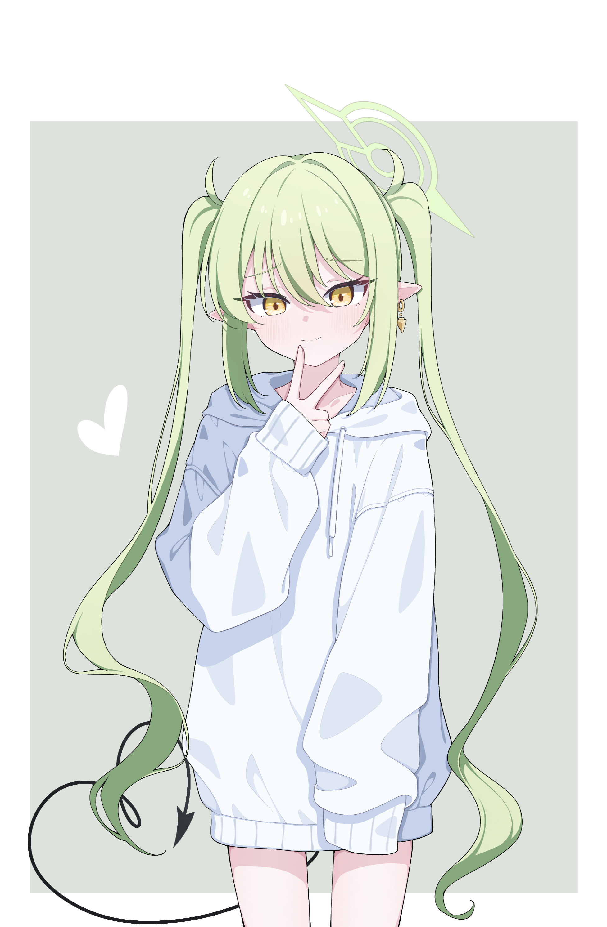 cinamon (cinamori), nozomi (blue archive), blue archive, absurdres, commentary, highres, 1girl, border, cowboy shot, demon tail, earrings, green hair, halo, heart, hood, hoodie, jewelry, light smile, long hair, long sleeves, looking at viewer, no pants, pointy ears, simple background, single earring, solo, tail, thighs, twintails, v, very long hair, white border, white hoodie, yellow eyes